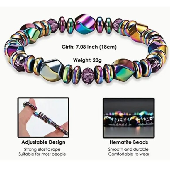 Natural Iridescent Hematite Beaded Bracelet - Magnetic Therapy for Women or Men - Picture 3 of 3